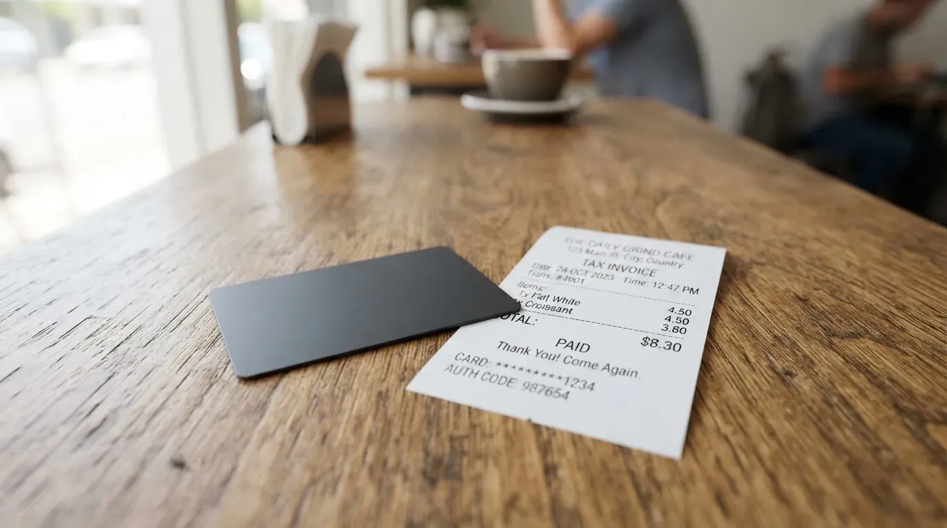 A receipt and a card on a café table
