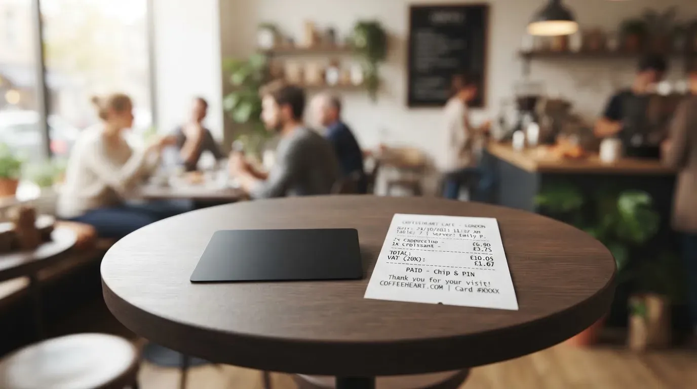 A receipt and a card on a café table
