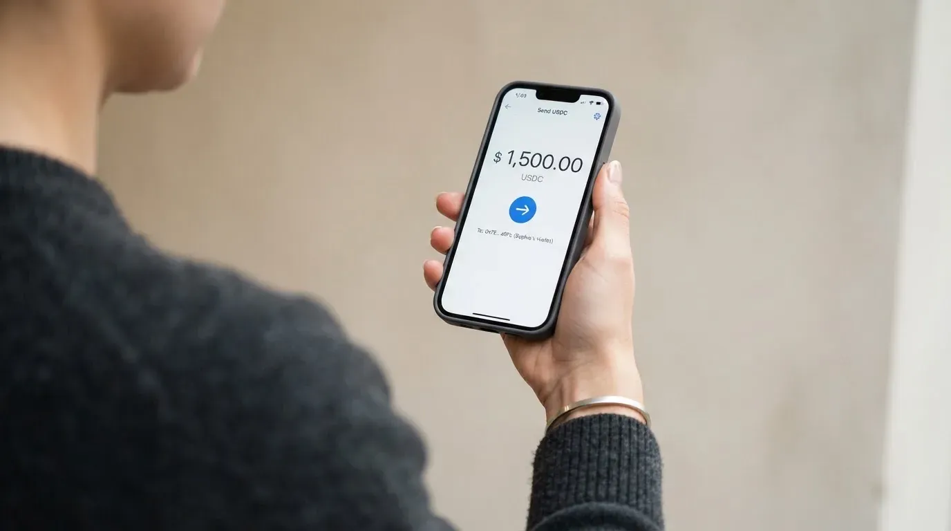 A phone showing a stablecoin transfer screen