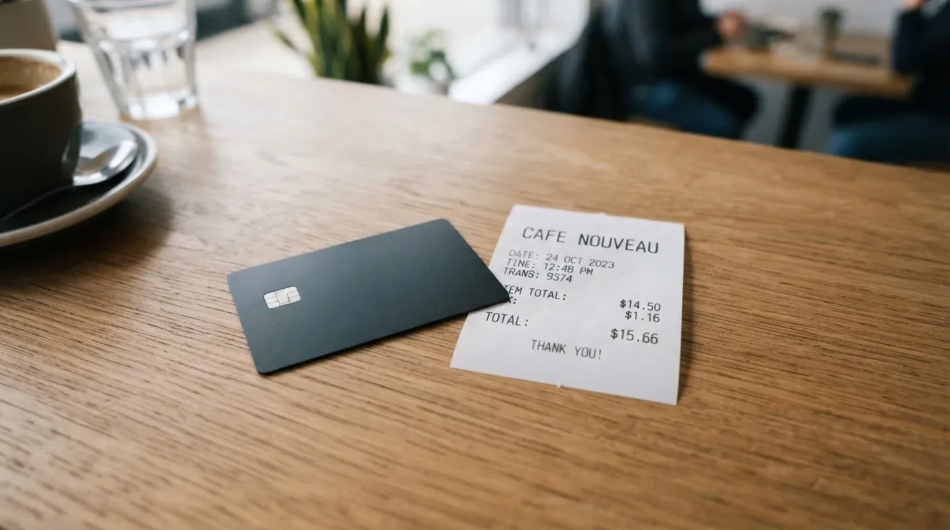 A receipt and a card on a café table