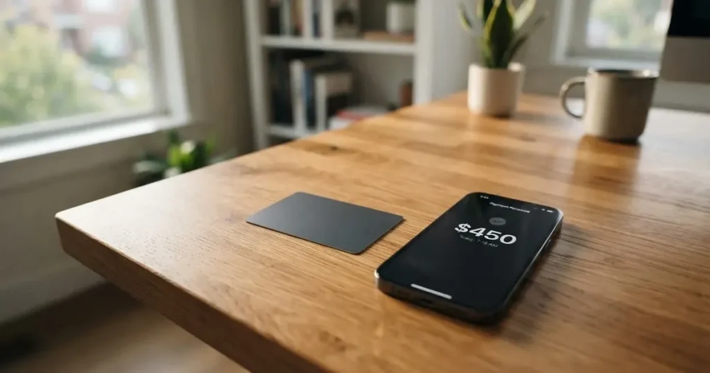 A payment card next to a phone with a crypto wallet app open