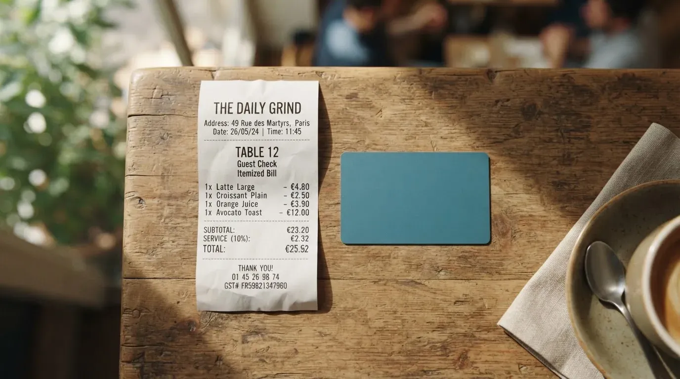 A receipt and a card on a café table