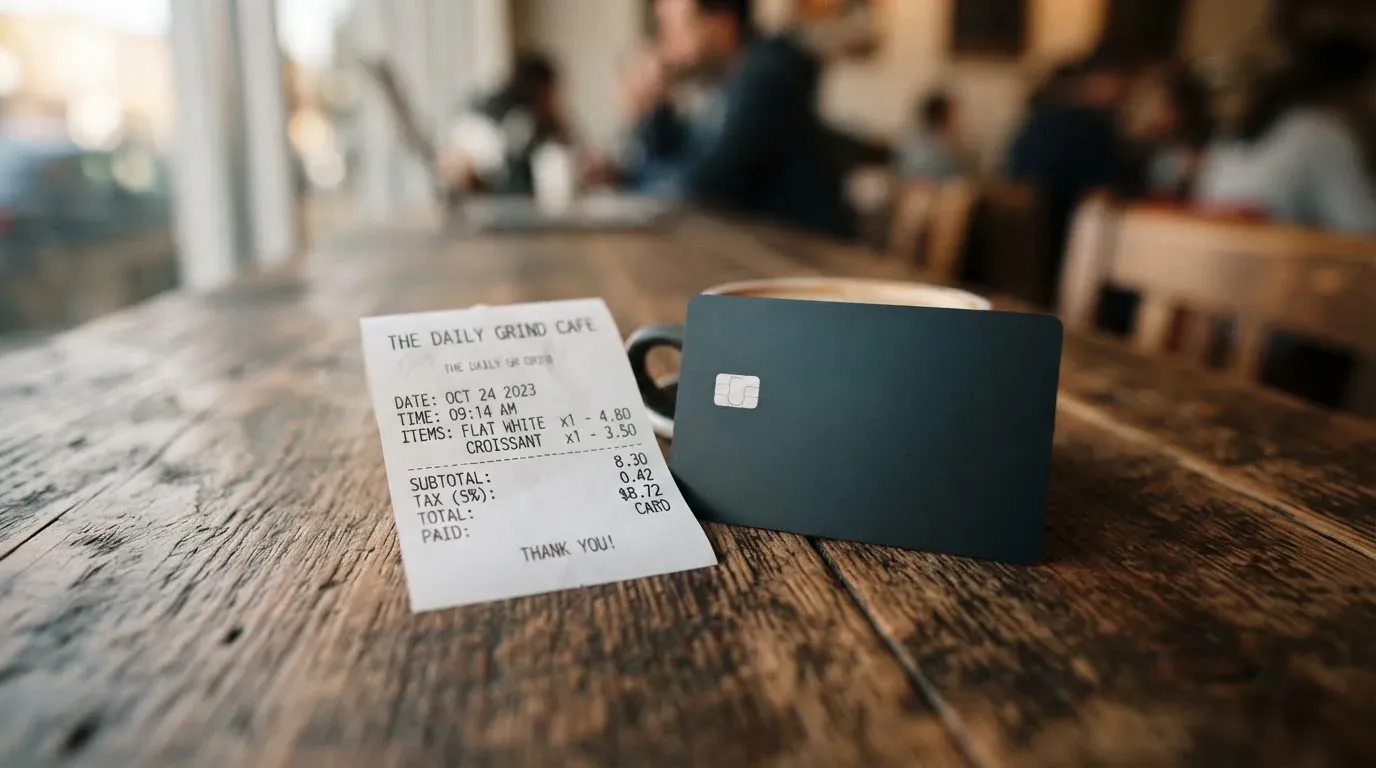 A receipt and a card on a café table