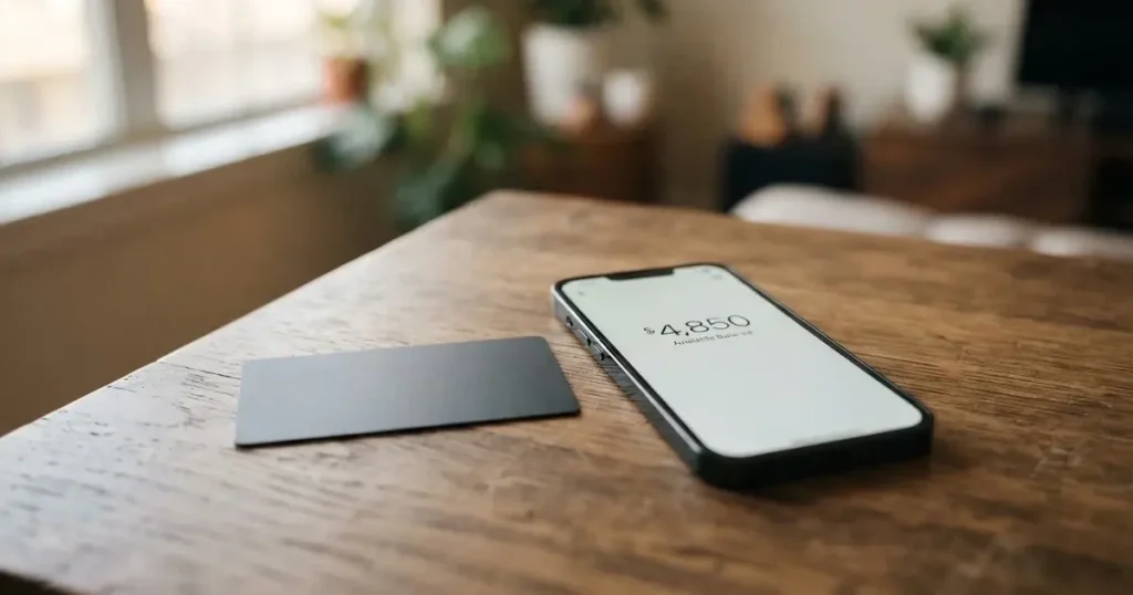 A payment card next to a phone with a crypto wallet app open