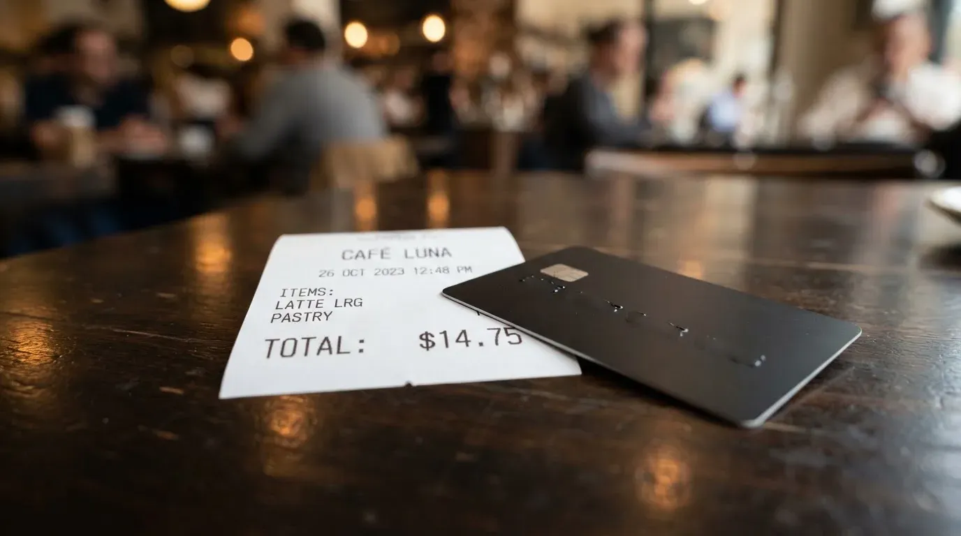 A receipt and a card on a café table