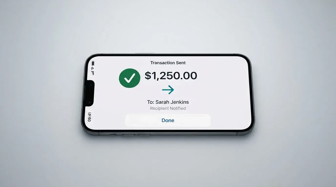 A phone showing a stablecoin transfer screen