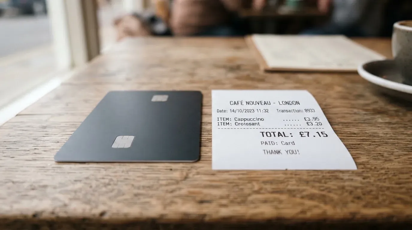 A receipt and a card on a café table