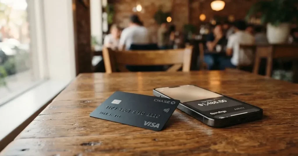 A payment card next to a phone with a crypto wallet app open
