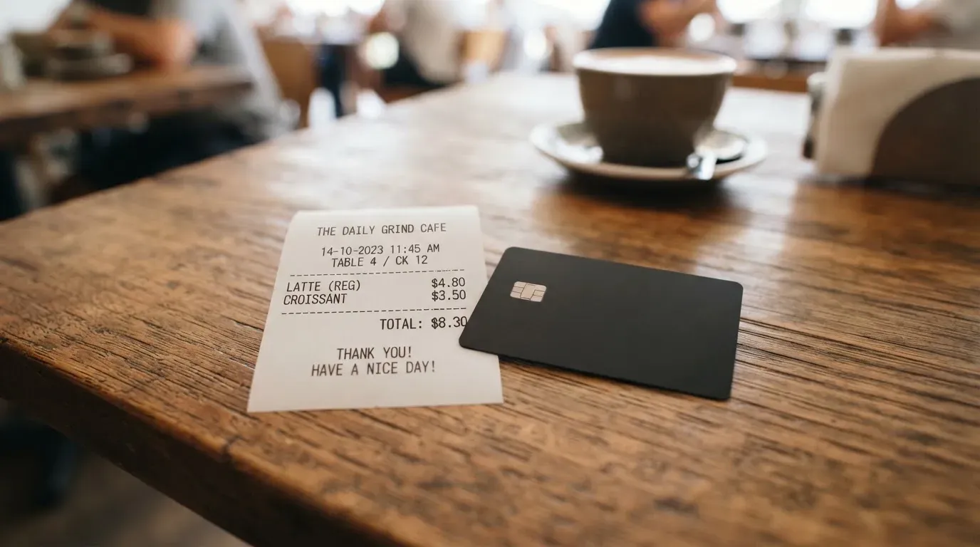 A receipt and a card on a café table