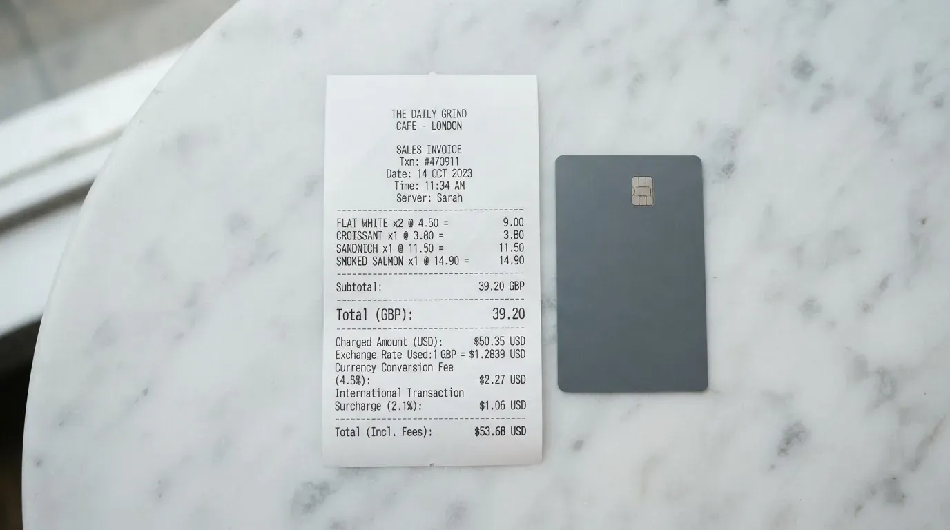 A receipt and a card on a café table