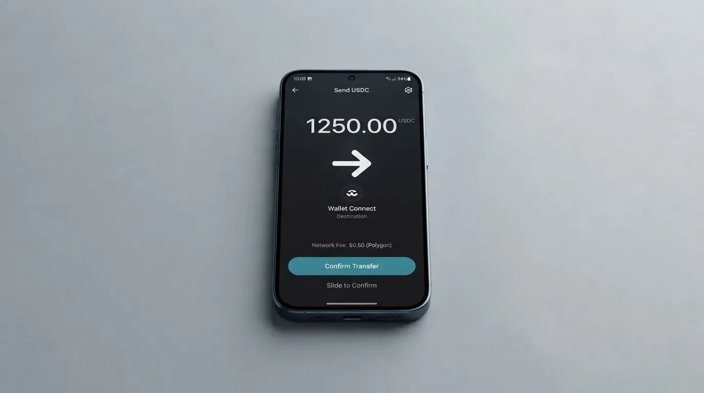 A phone showing a stablecoin transfer screen