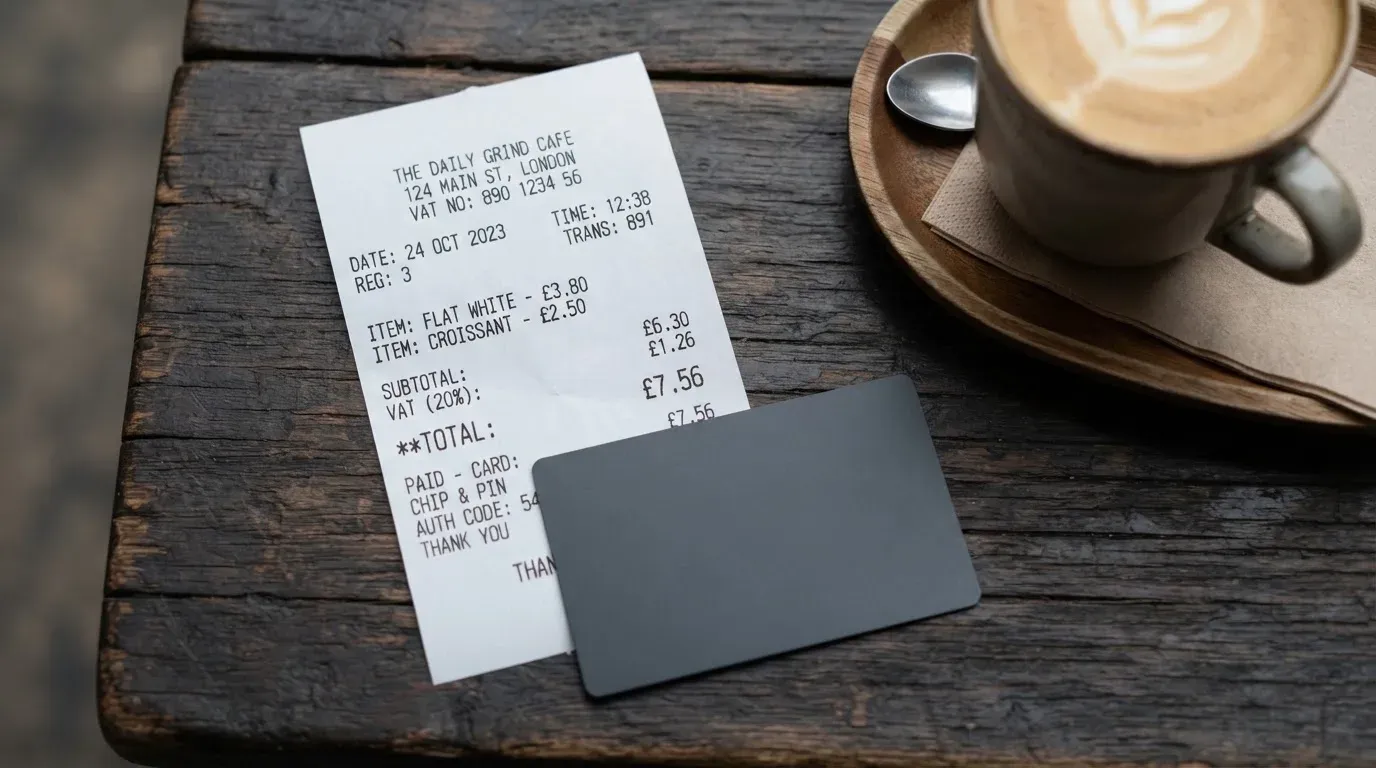 A receipt and a card on a café table