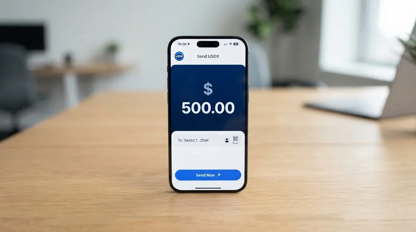 A phone showing a stablecoin transfer screen