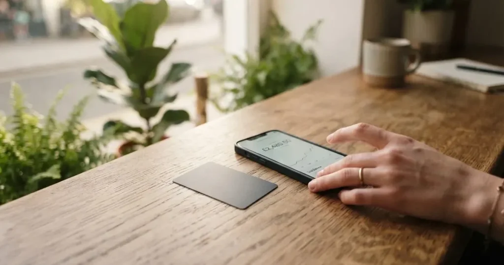 A payment card next to a phone with a crypto wallet app open