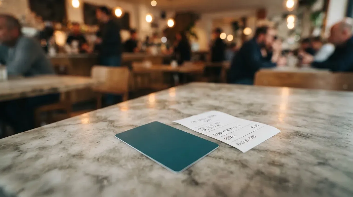A receipt and a card on a café table