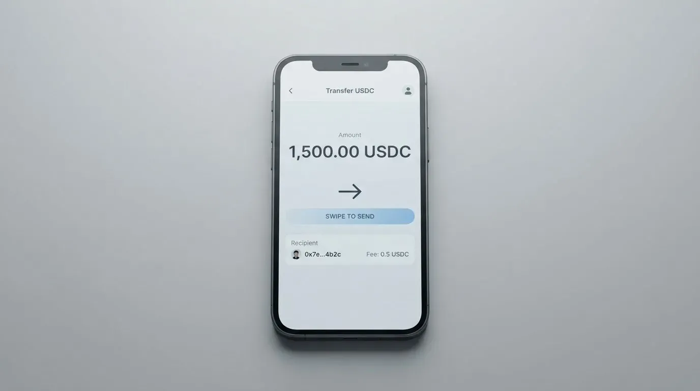 A phone showing a stablecoin transfer screen