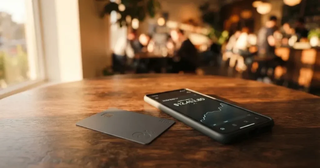 A payment card next to a phone with a crypto wallet app open