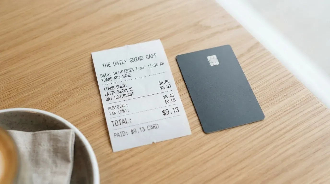 A receipt and a card on a café table
