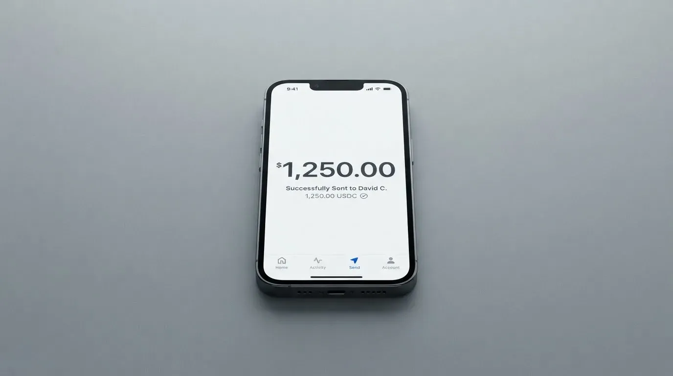 A phone showing a stablecoin transfer screen