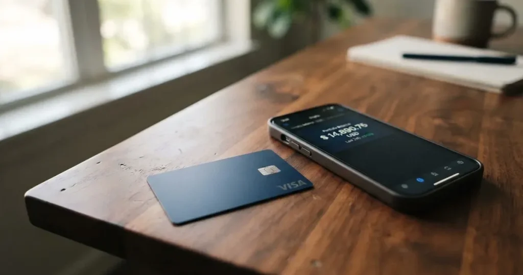 A payment card next to a phone with a crypto wallet app open