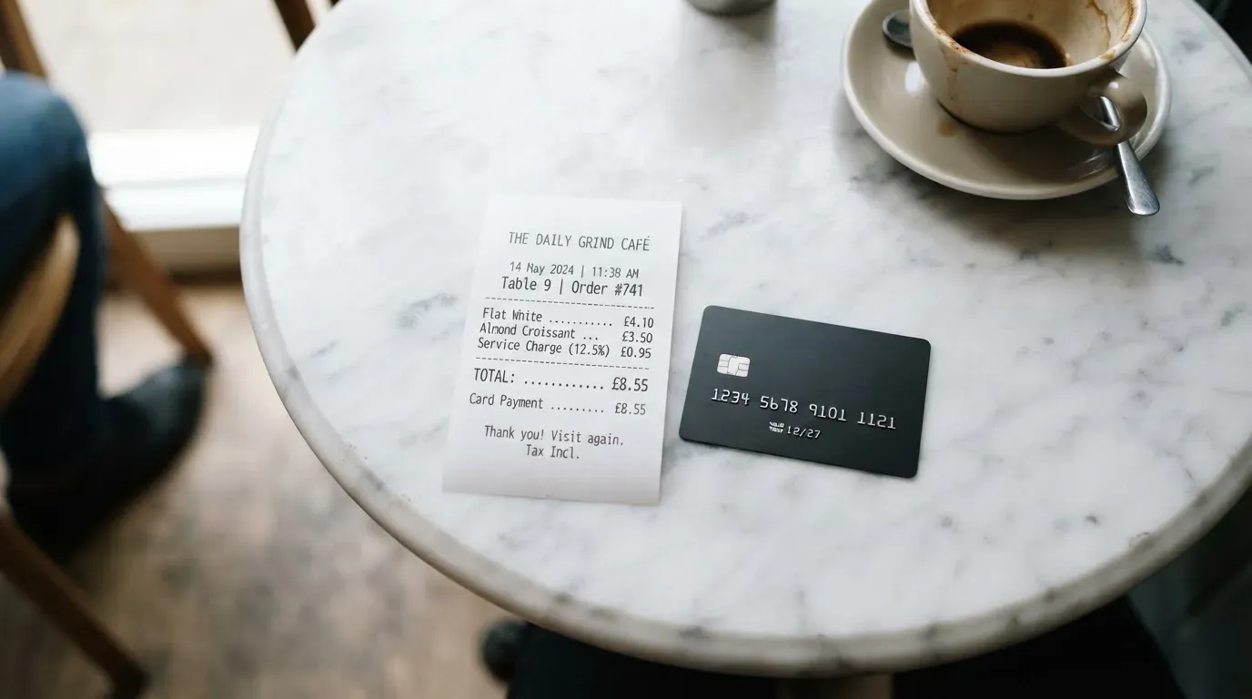 A receipt and a card on a café table