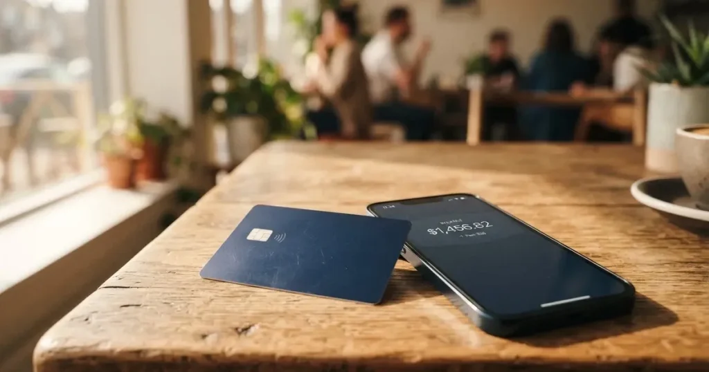 A payment card next to a phone with a crypto wallet app open