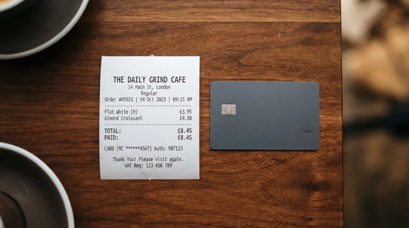 A receipt and a card on a café table