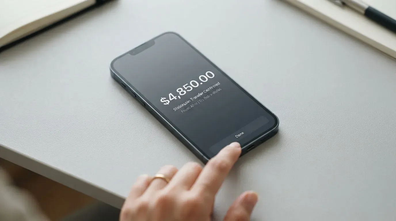 A phone showing a stablecoin transfer screen
