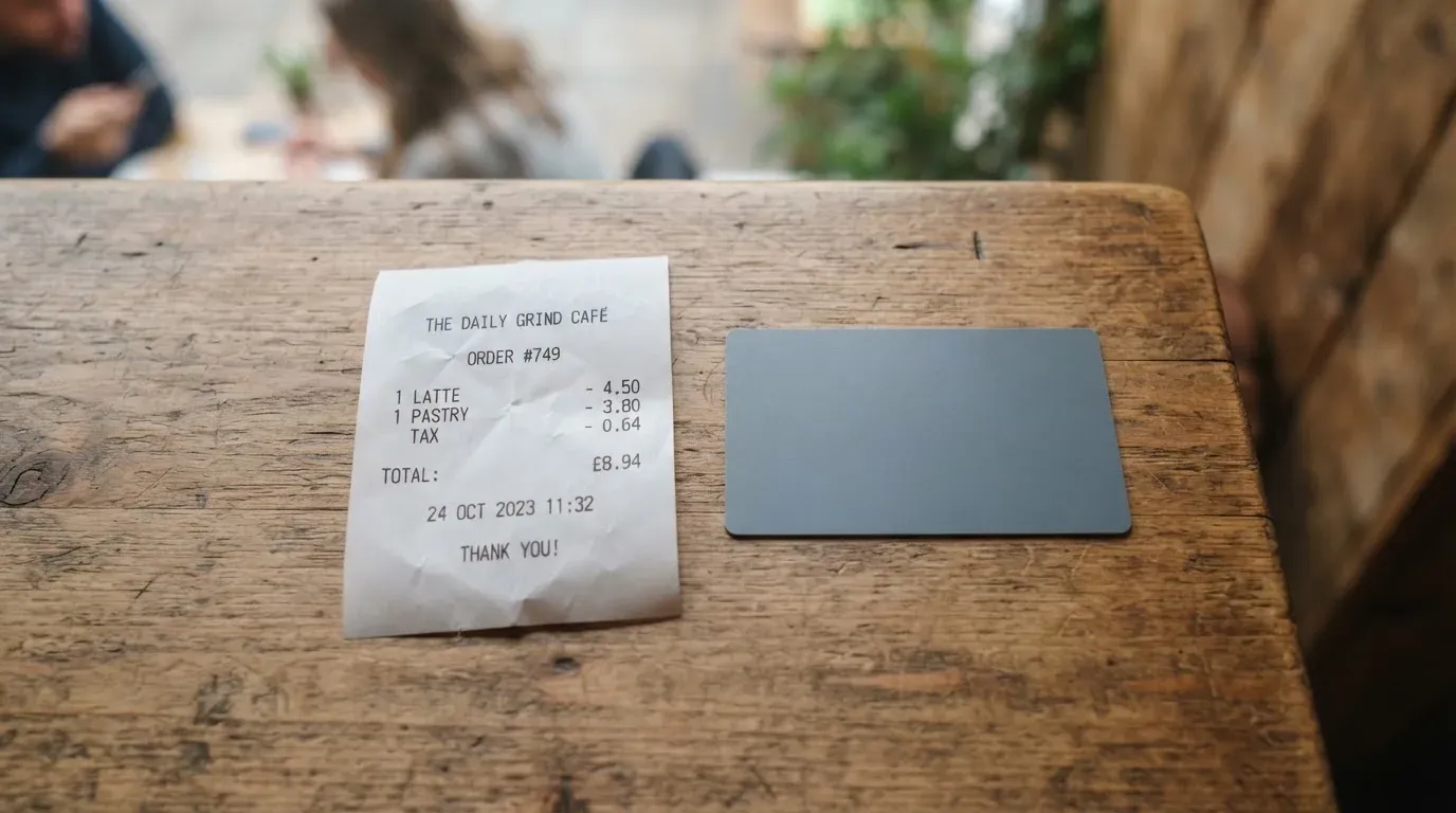 A receipt and a card on a café table