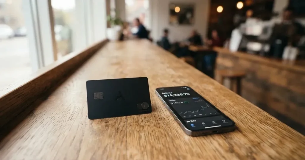 A payment card next to a phone with a crypto wallet app open