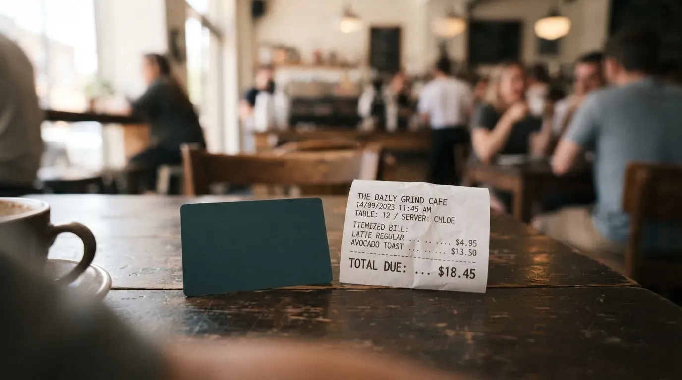 A receipt and a card on a café table