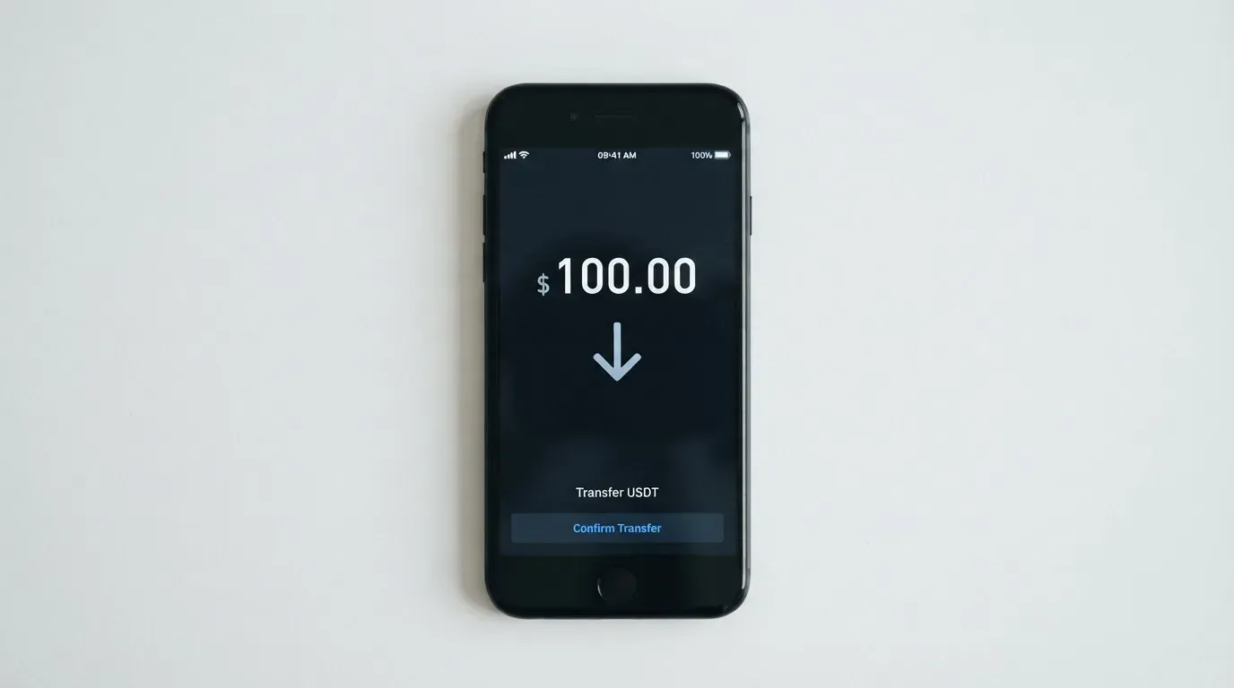 A phone showing a stablecoin transfer screen