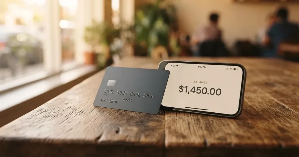 A payment card next to a phone with a crypto wallet app open