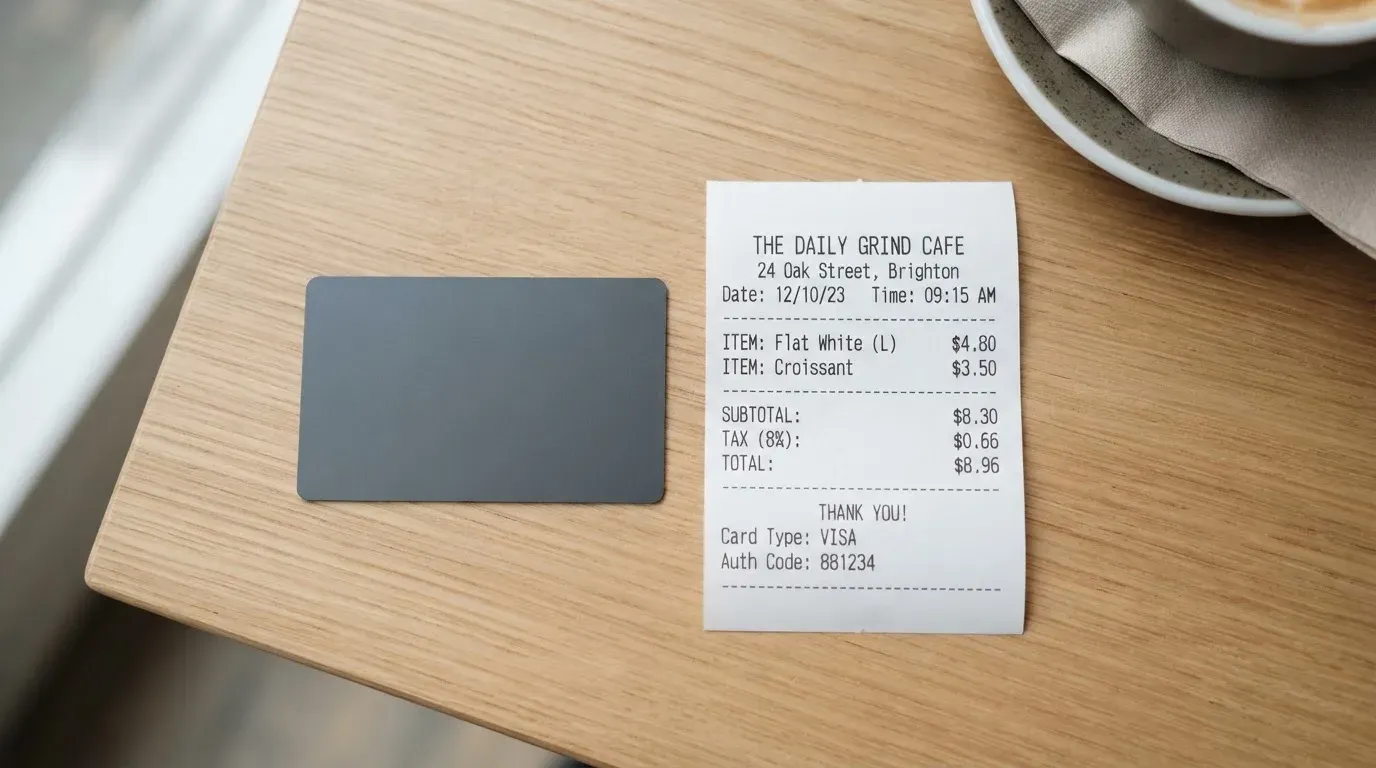A receipt and a card on a café table