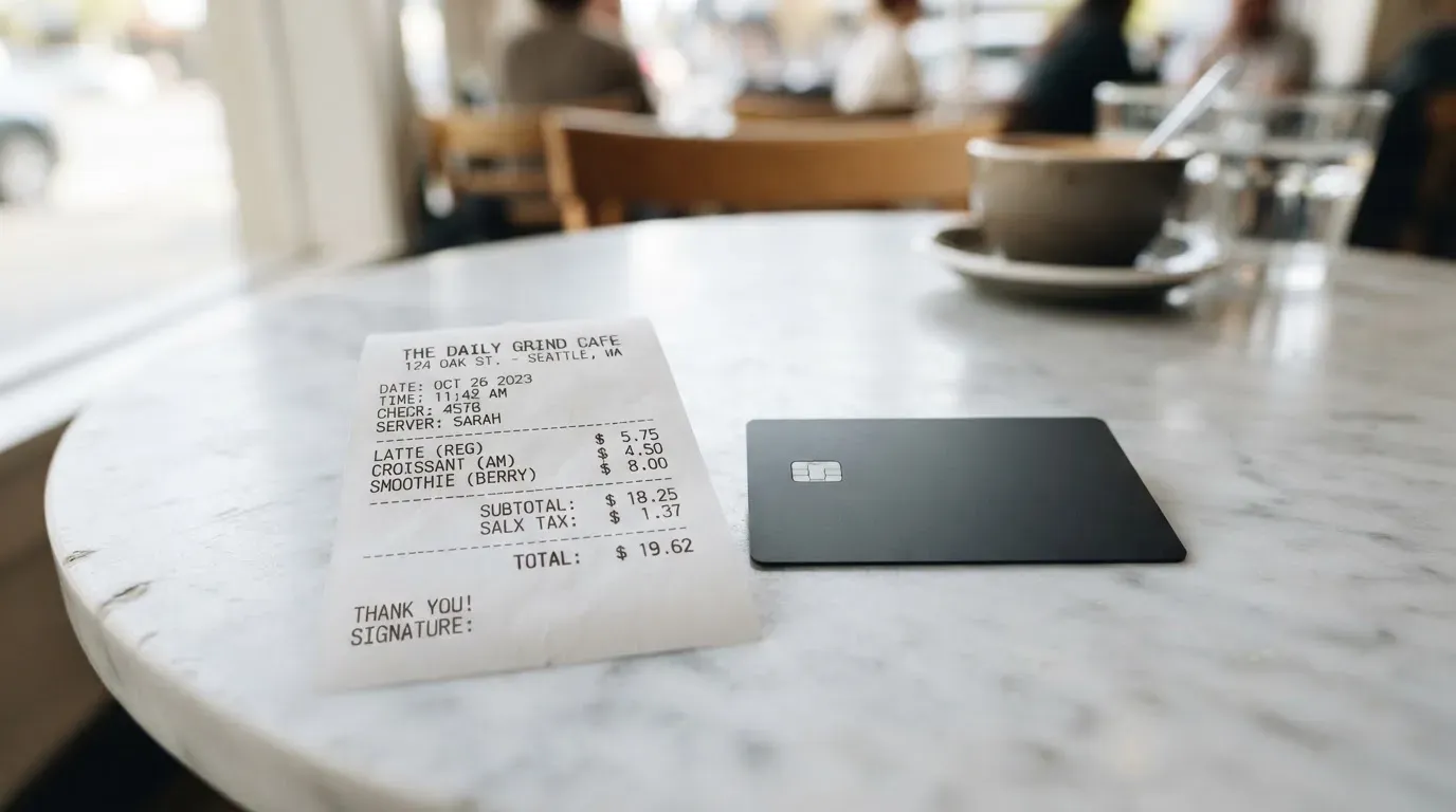 A receipt and a card on a café table