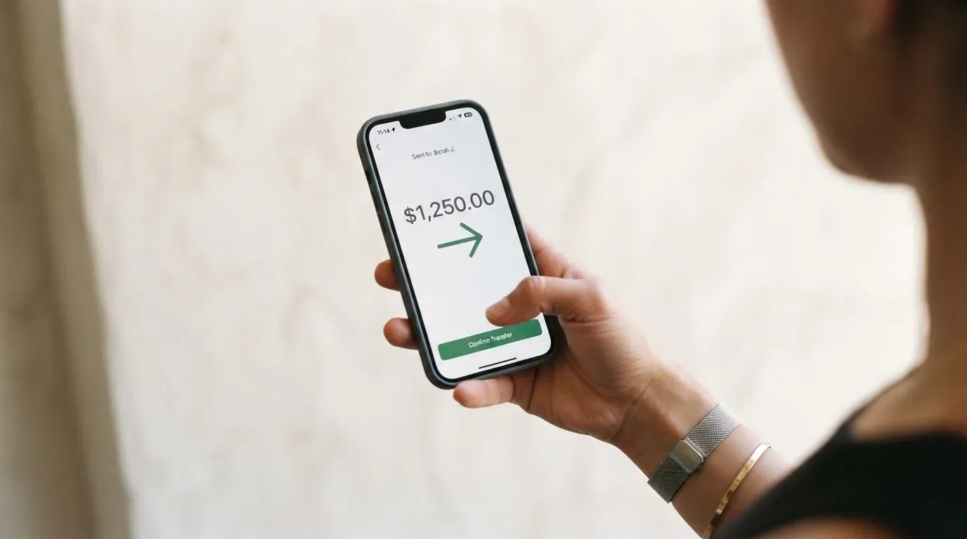 A phone showing a stablecoin transfer screen