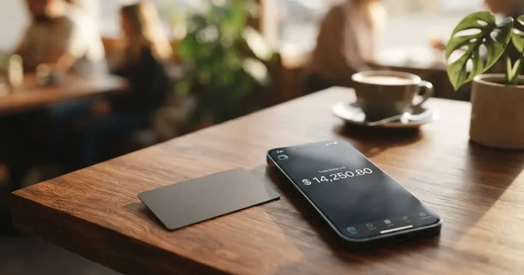A payment card next to a phone with a crypto wallet app open
