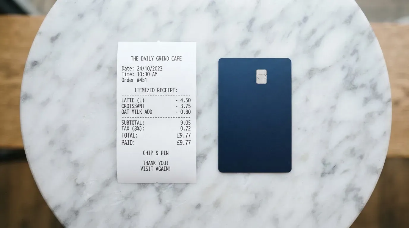 A receipt and a card on a café table