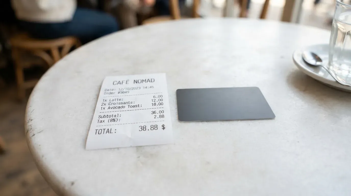 A receipt and a card on a café table