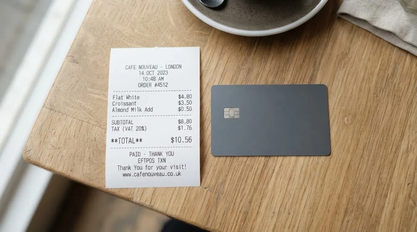 A receipt and a card on a café table