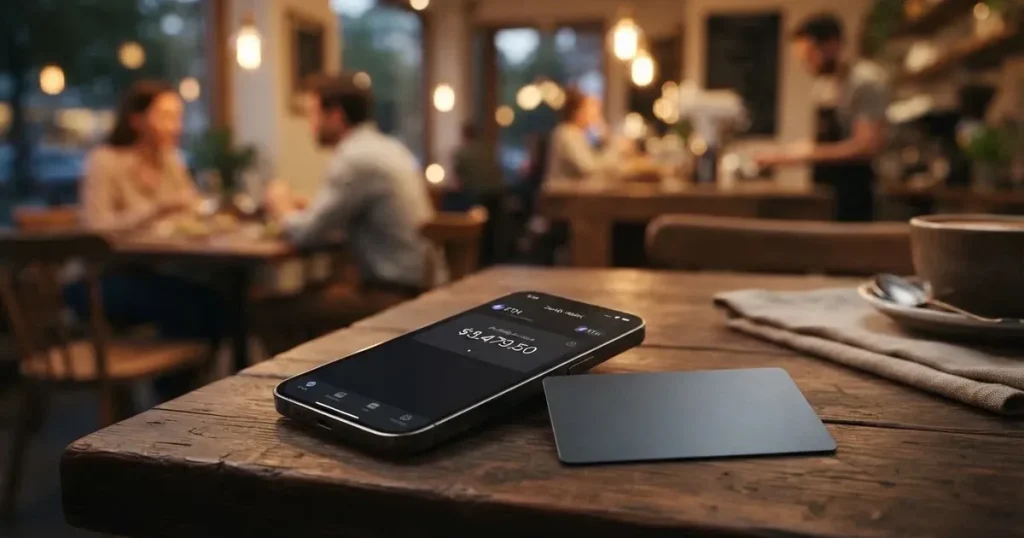 A payment card next to a phone with a crypto wallet app open