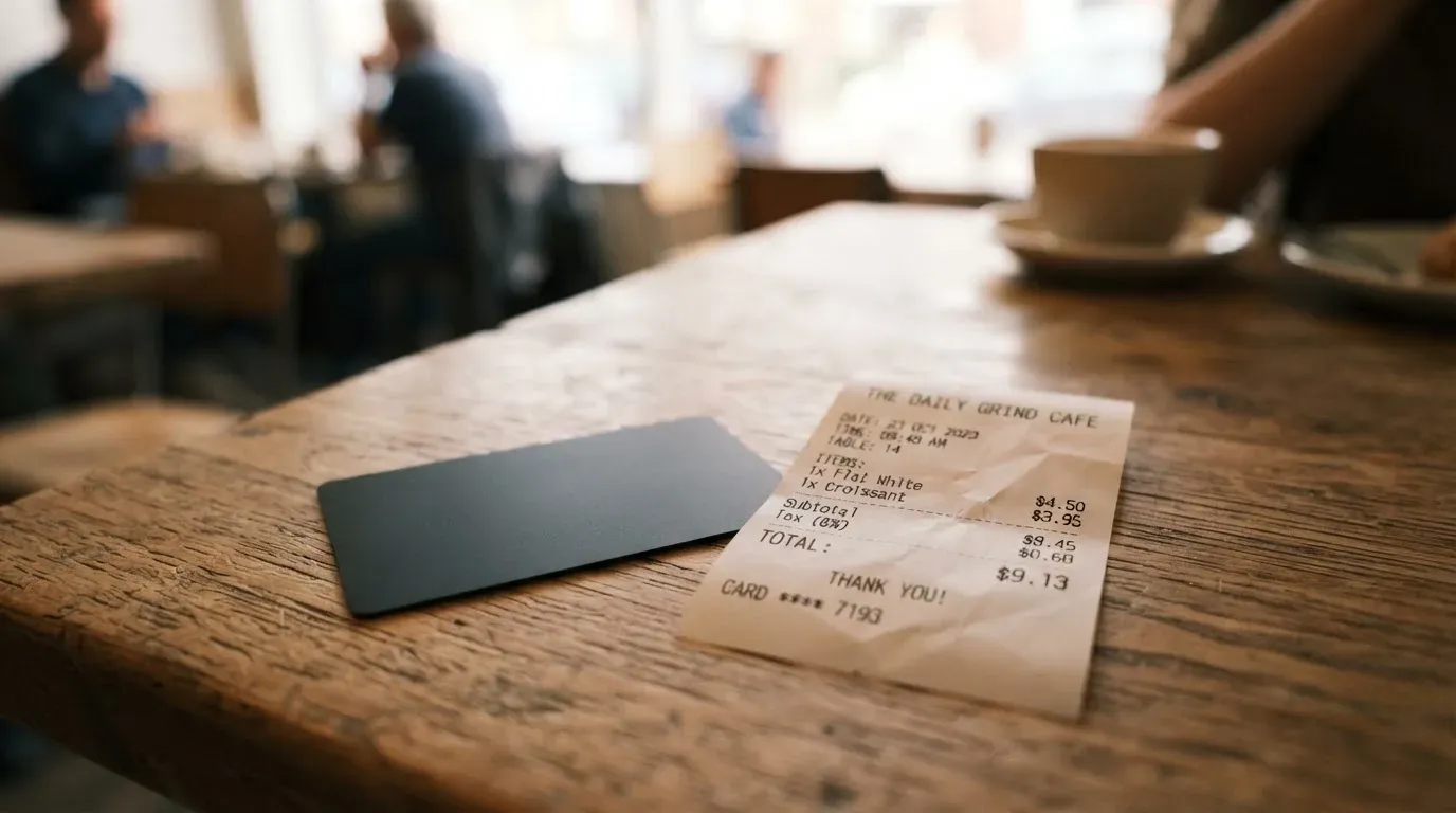 A receipt and a card on a café table