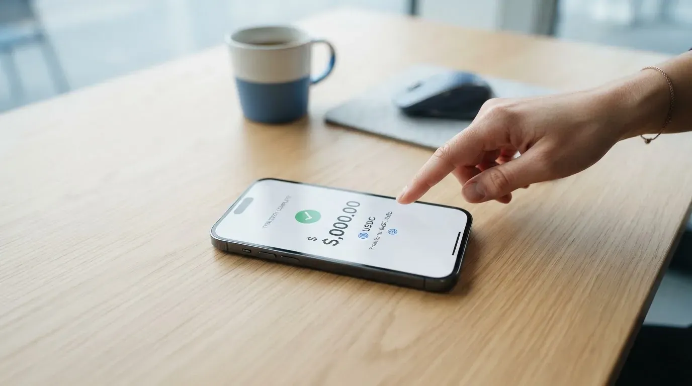 A phone showing a stablecoin transfer screen