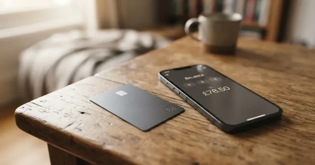 A payment card next to a phone with a crypto wallet app open
