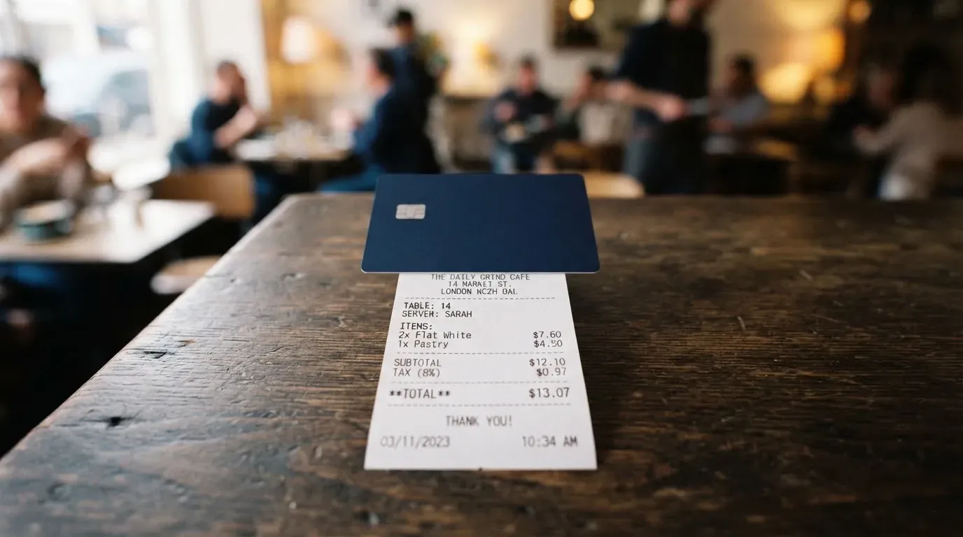 A receipt and a card on a café table