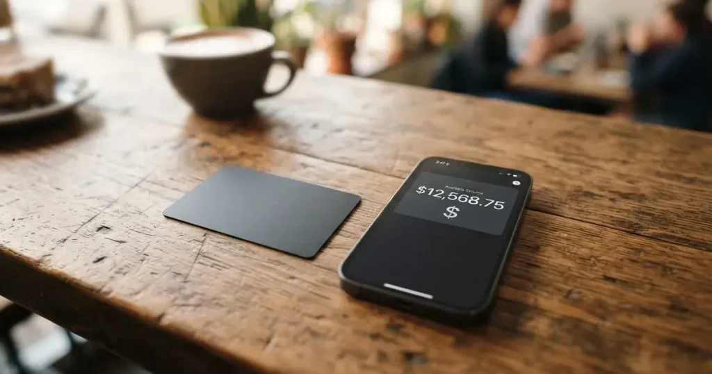 A payment card next to a phone with a crypto wallet app open