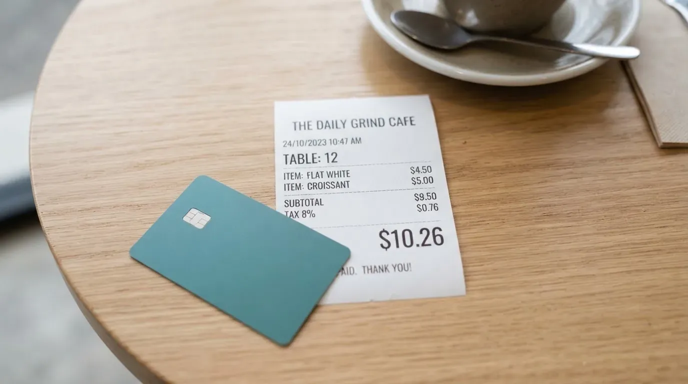 A receipt and a card on a café table