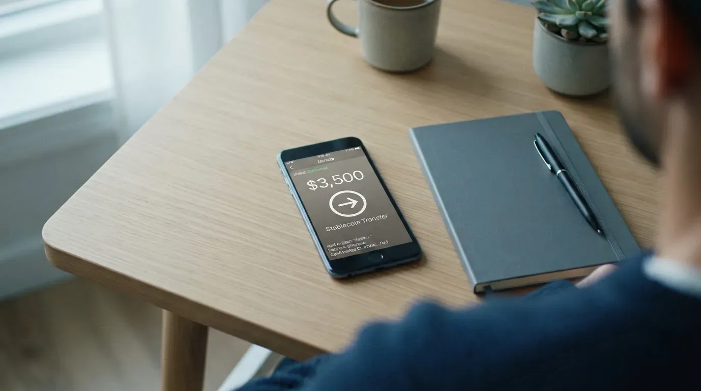 A phone showing a stablecoin transfer screen