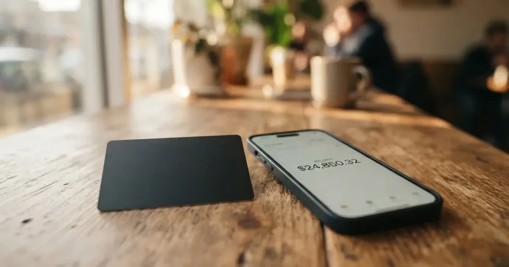 A payment card next to a phone with a crypto wallet app open