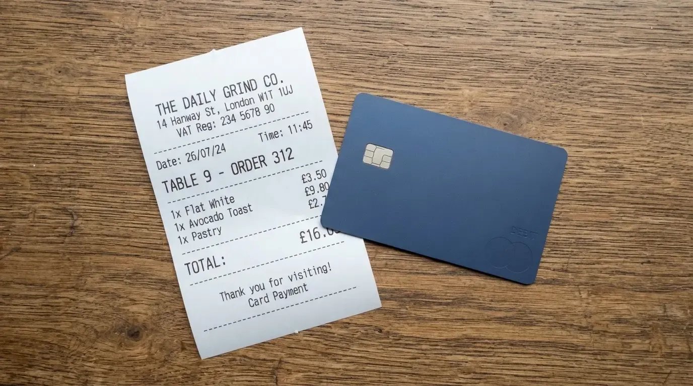 A receipt and a card on a café table